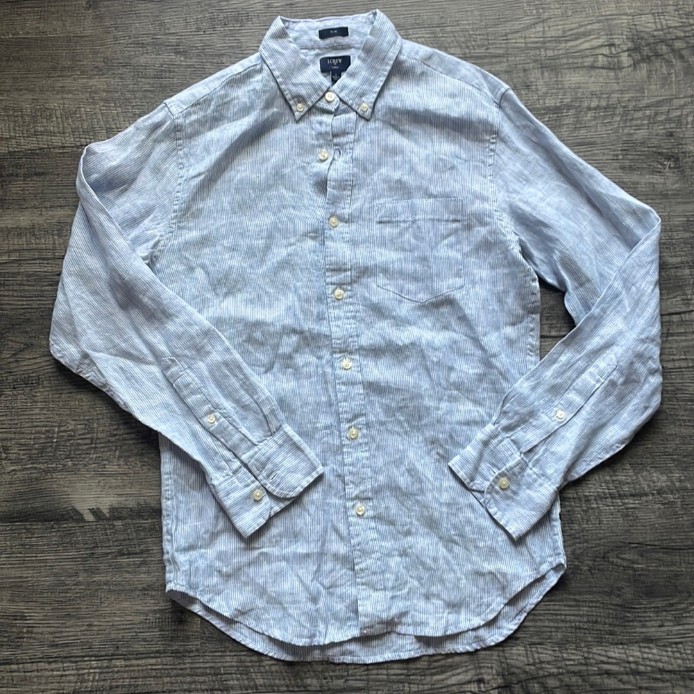 J Crew Men's 100% Linen Button Down Shirt Size S Slim Fit Strip